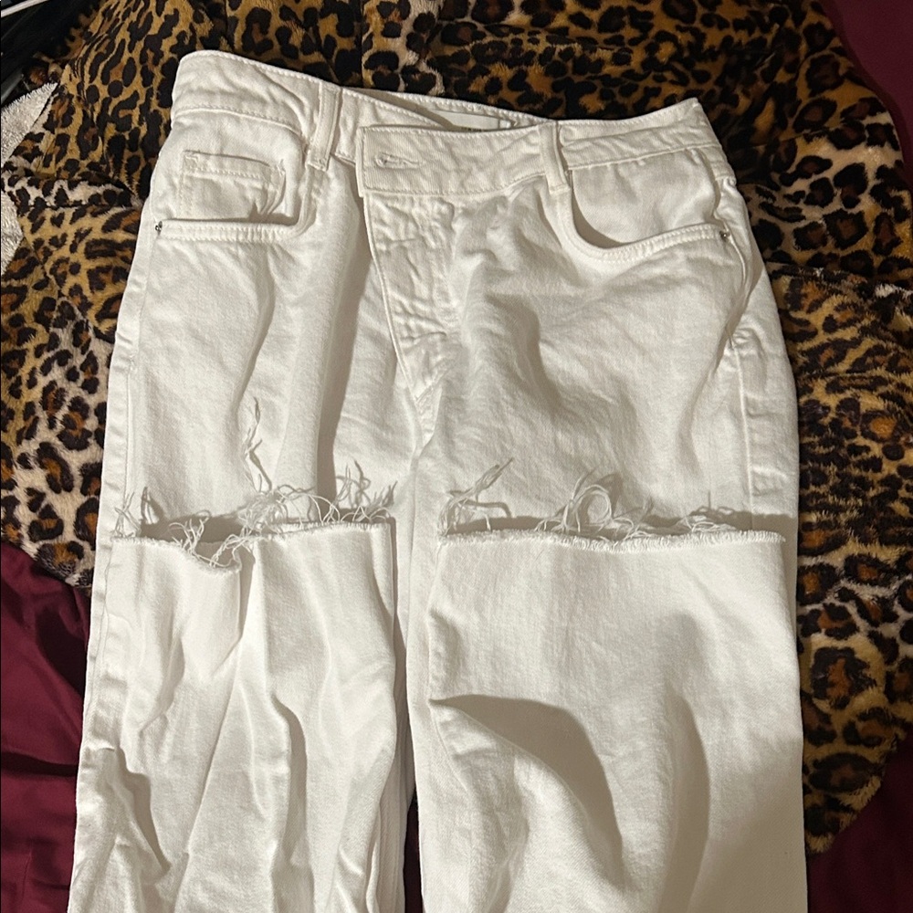 Zara White Distressed Straight Leg Jeans